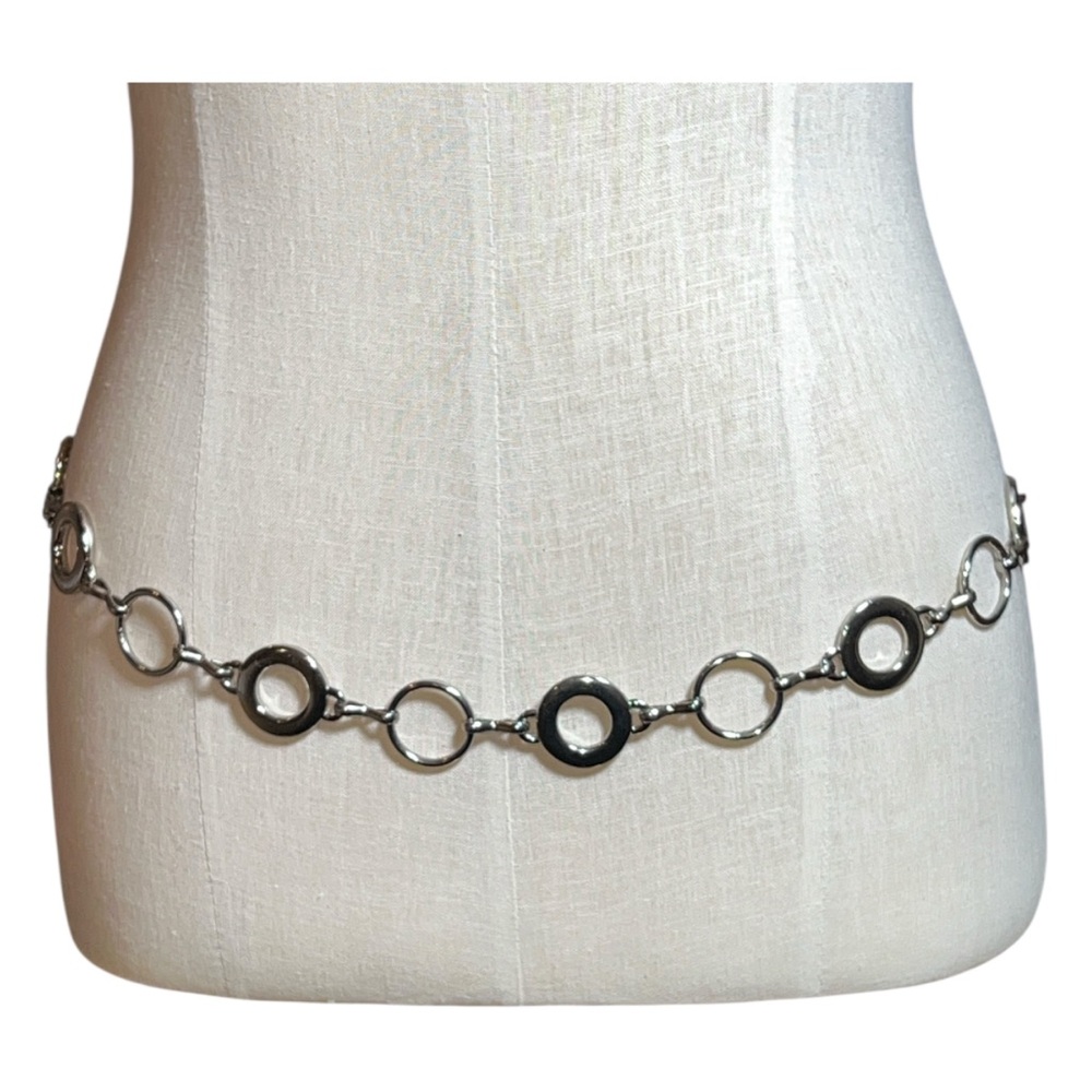 Vintage 90s Silver Metal Circle Link Chain Belt 37” Adjustable Y2K Style